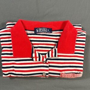 Vintage 90s Polo Shirt Medium Striped Short Sleeve Patch Pocket Cotton